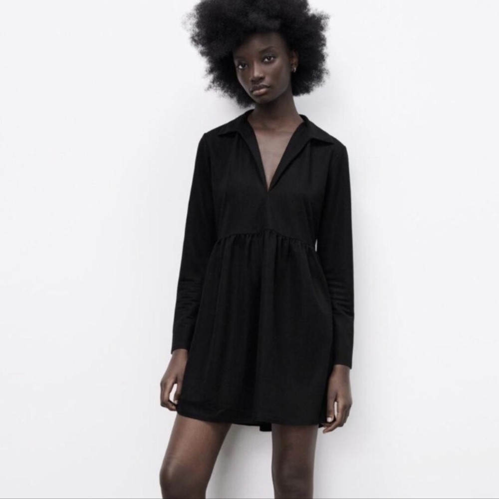 Zara Peplum Tunic Top Mini Dress Long Sleeve Gathered Tie V Neck Collar Empire